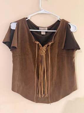 Picasso Style Jeans Brown Faux Suede Macrame Fringe Top Size M